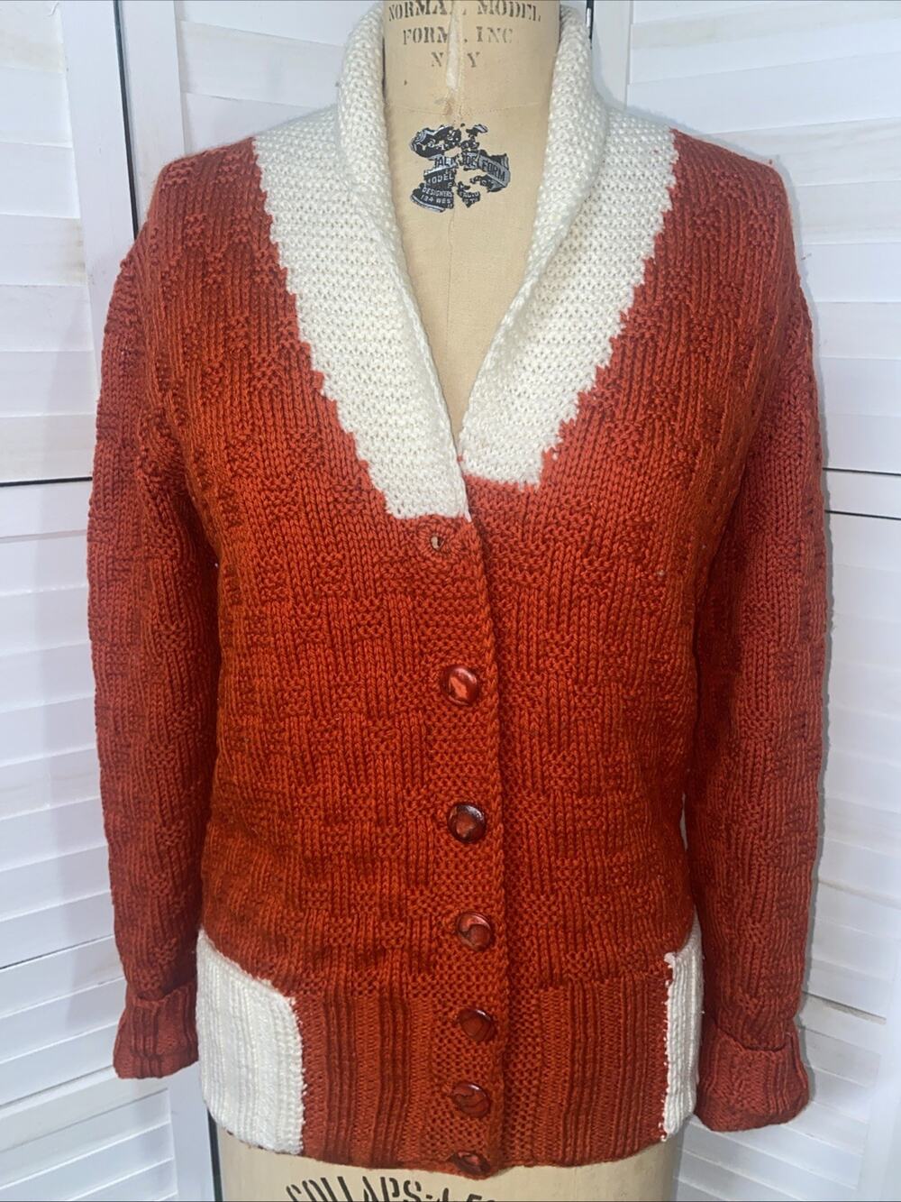 Vintage Handmade Hand Knit Cardigan Sweater Cardigan Scarf Granny USA Sz Med